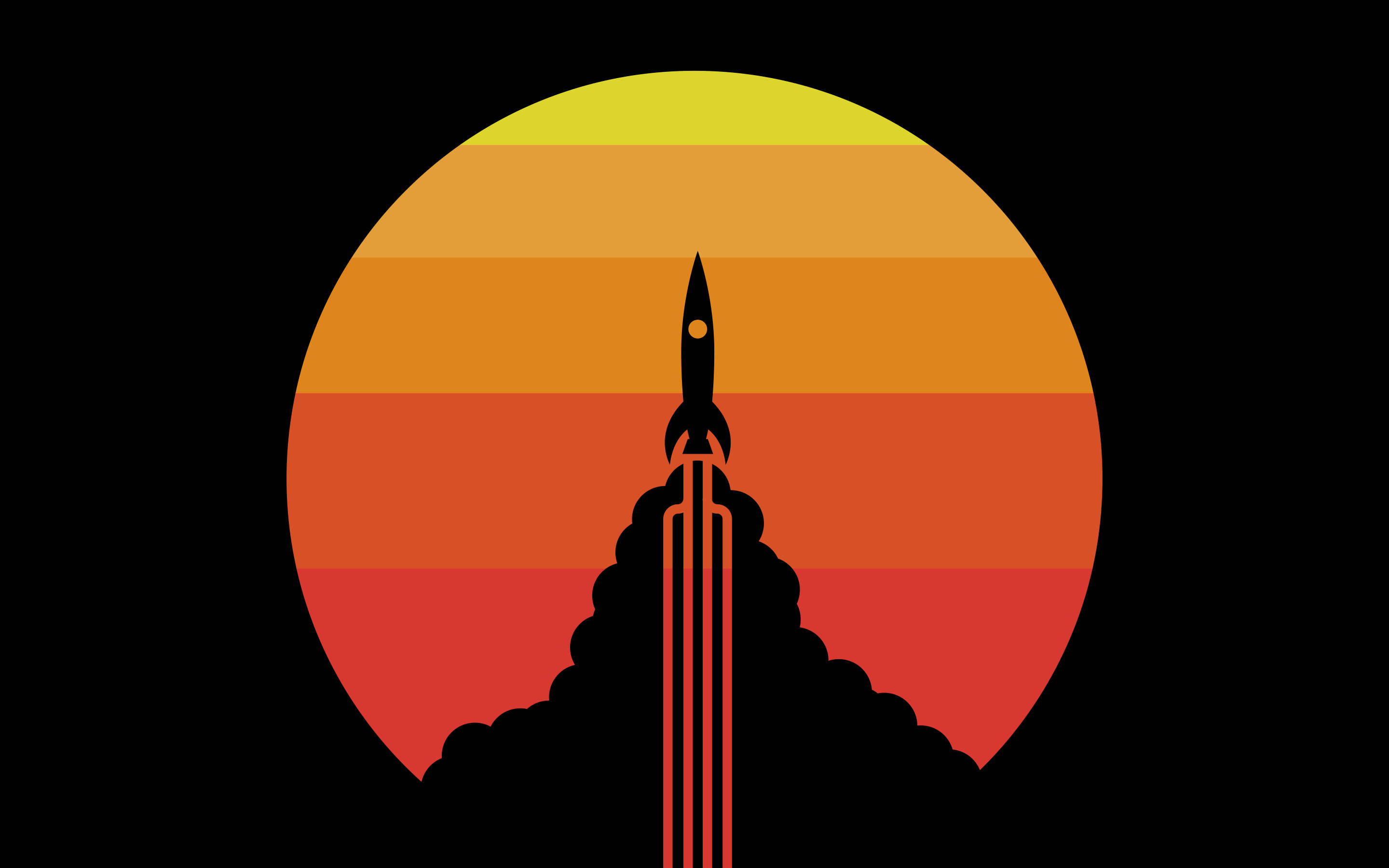 rocket, vibrant sunset gradient circle, trailing smoke, 2K Desktop Wallpaper