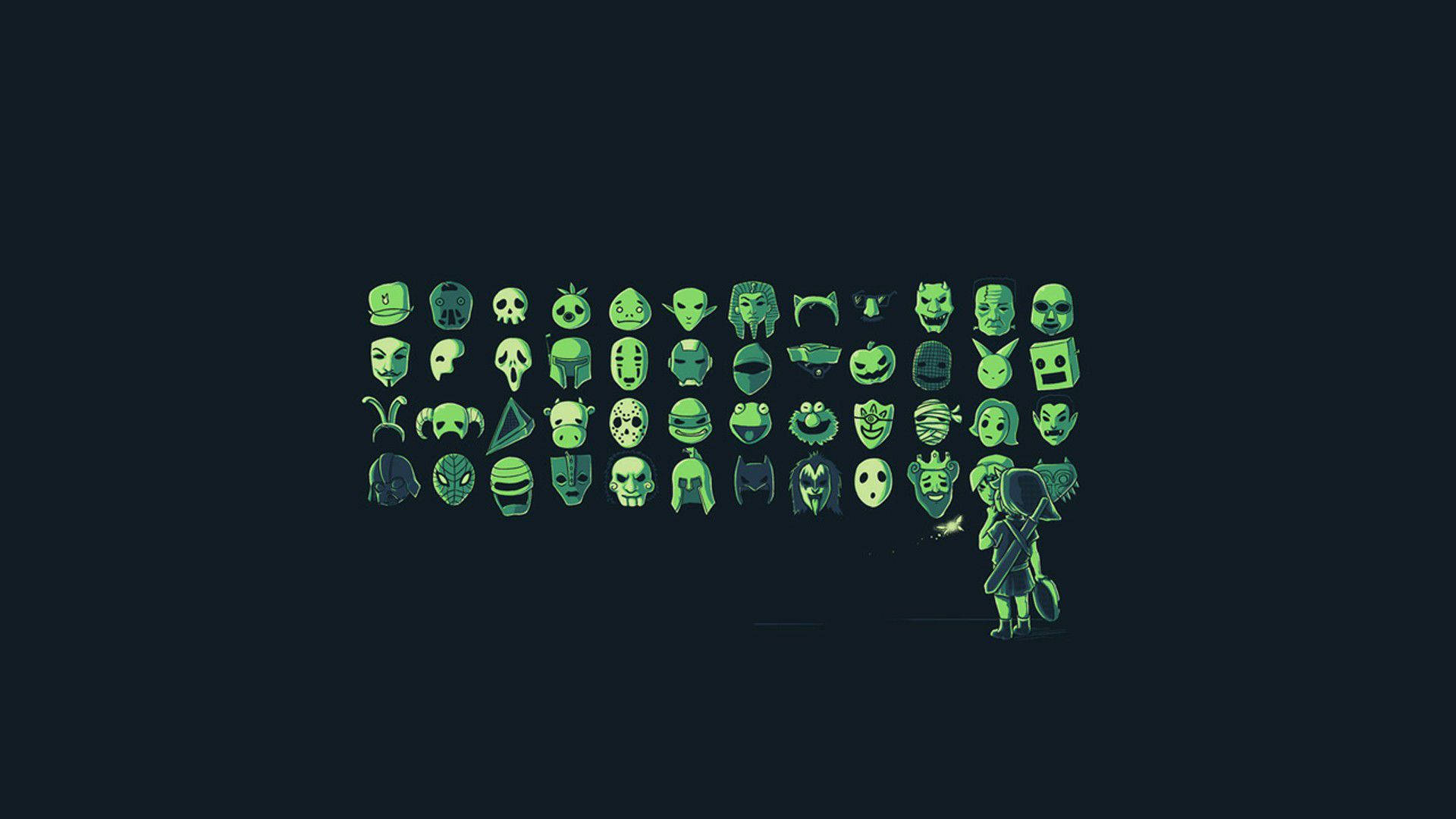 green pixel-art character, glowing green monster masks, grid, Full HD Desktop Wallpaper