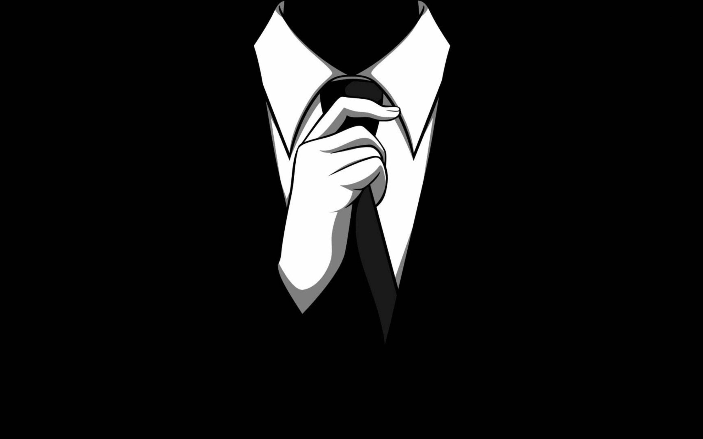 black suit, hand adjusting a tie, black and white illustration, 2K Desktop Wallpaper