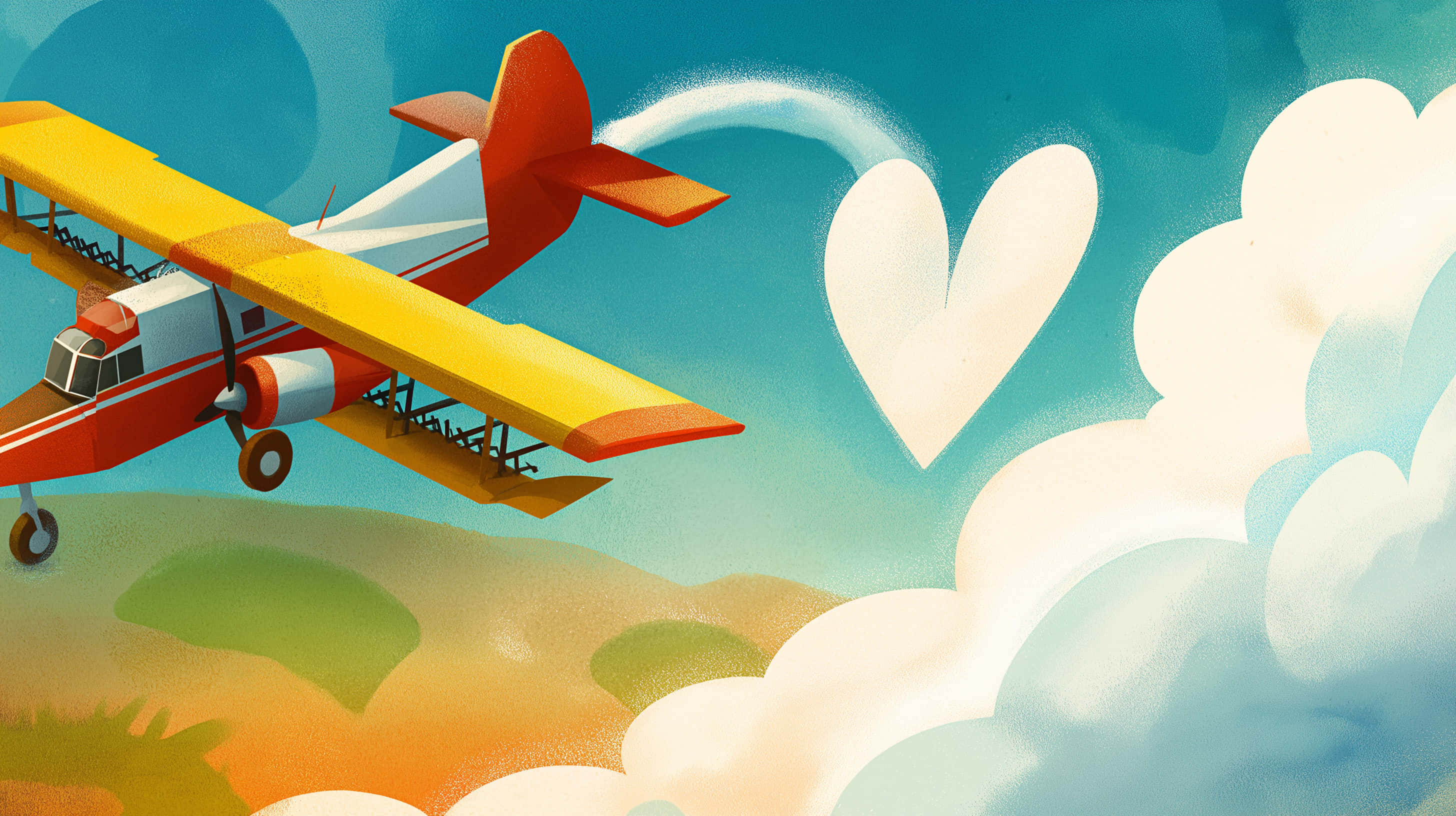 red and yellow biplane, blue sky, white heart-shaped smoke trail, 2K Desktop Wallpaper