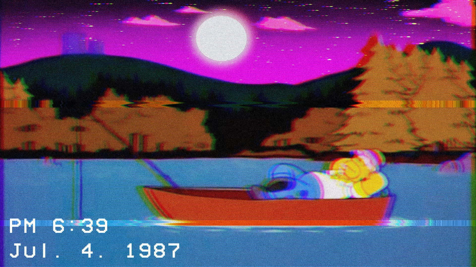 Simpsons Aesthetic, red boat, glitchy lake, Full HD Desktop Wallpaper
