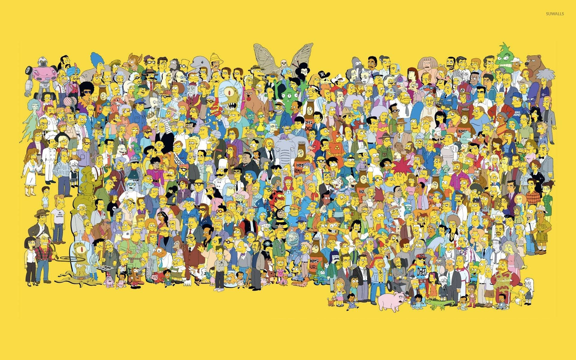 The Simpsons, complete cast, colorful 2d animation style, Full HD Desktop Wallpaper