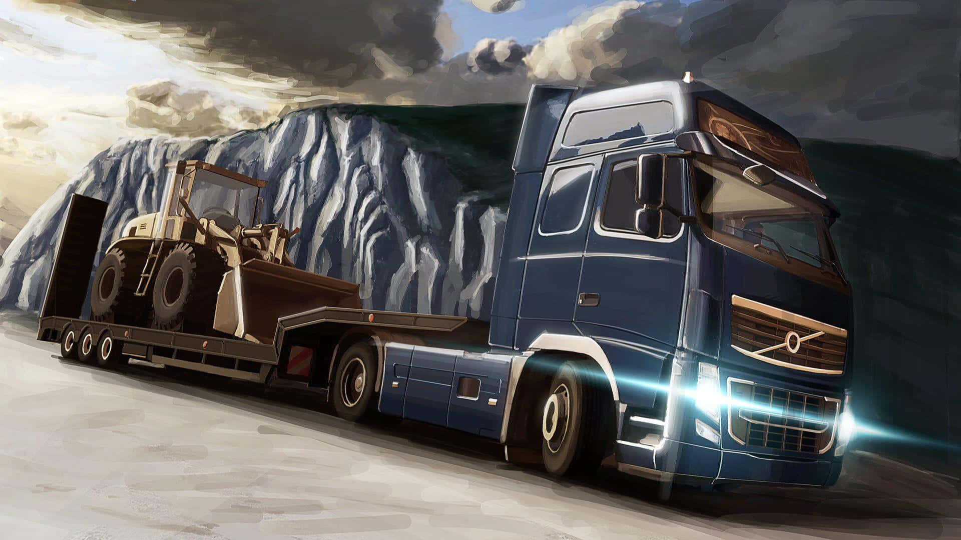 blue Volvo semi-truck, yellow bulldozer, barren landscape, Full HD Desktop Wallpaper