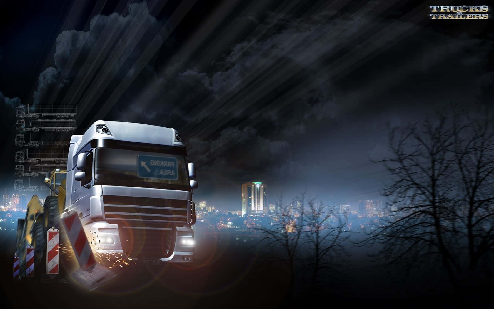 silver semi-truck, glowing headlights, stormy night, HD Desktop Wallpaper