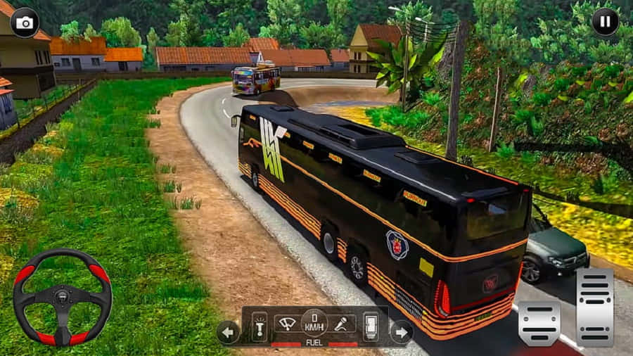 Simulation Games, black and orange bus, winding rural road, SD Desktop Wallpaper