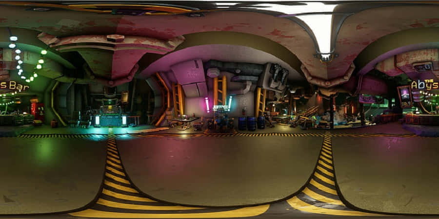 neon-lit futuristic bar, glowing signs, yellow-black striped floors, SD Desktop Wallpaper