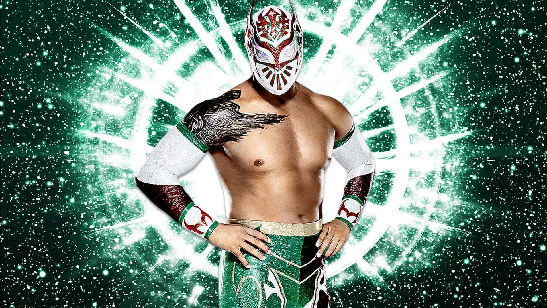 Sin Cara, green and white gear, glowing green cosmic background, Full HD Desktop Wallpaper