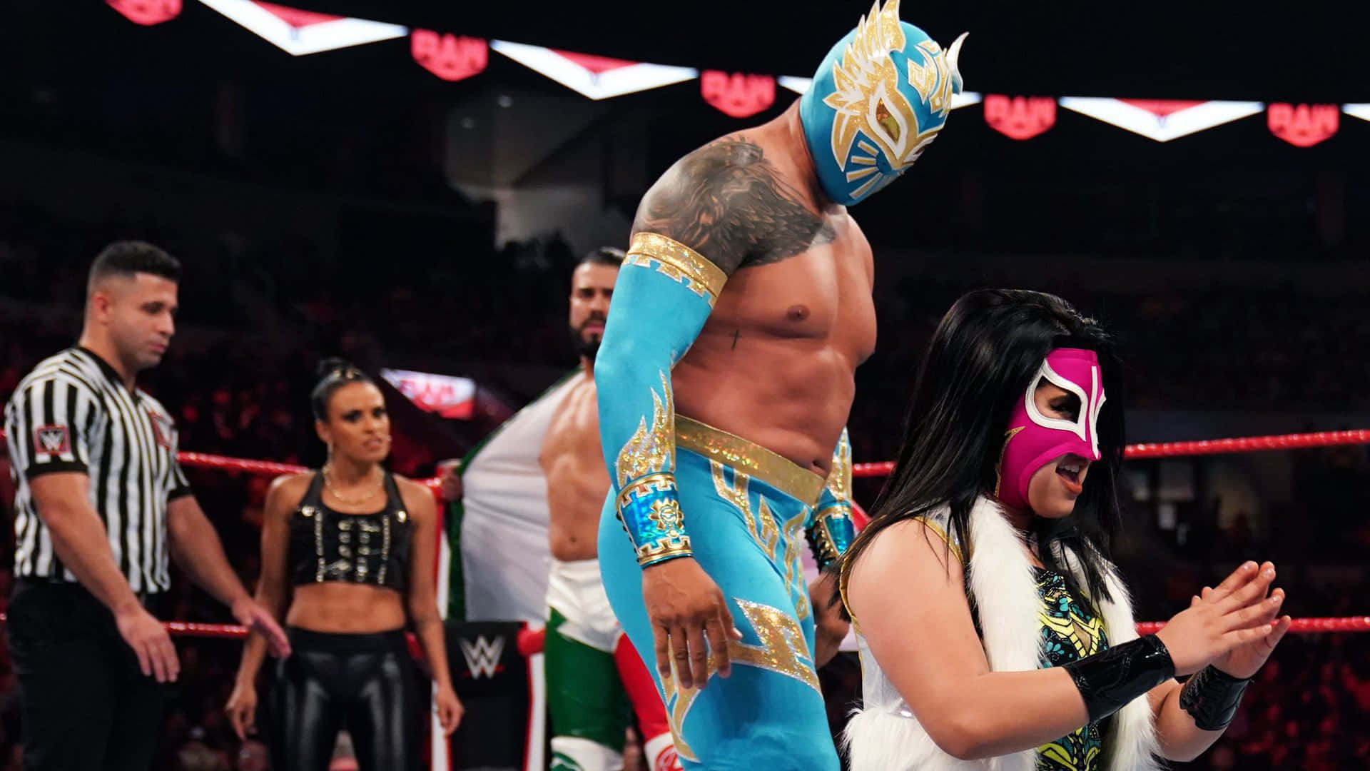 Sin Cara, blue and gold gear, ring, Full HD Desktop Wallpaper