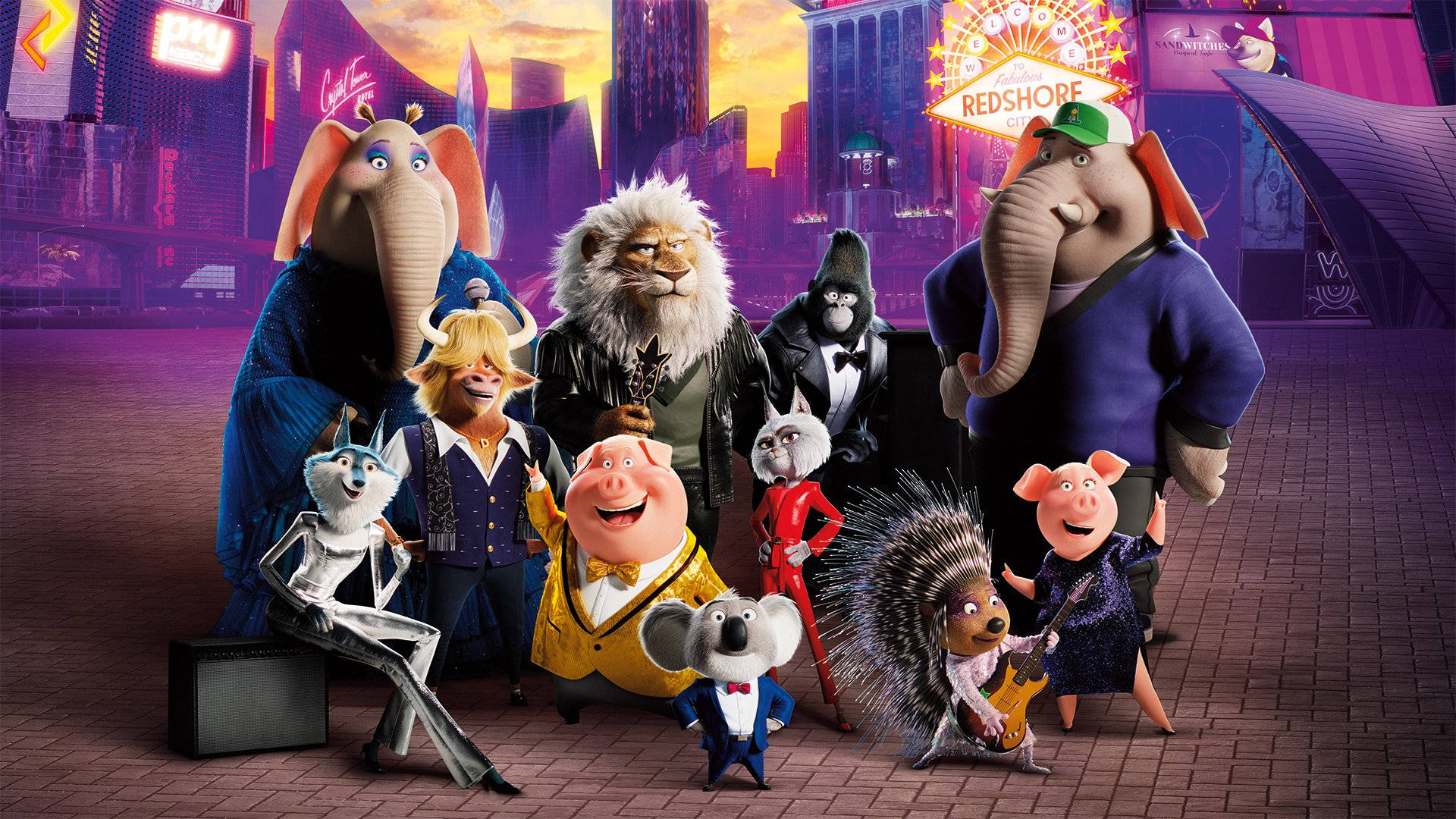 Sing 2, family group shot, vibrant city street, Full HD Desktop Wallpaper