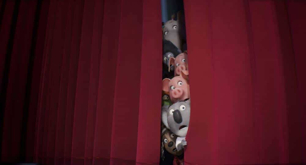 Sing 2, red theater curtains, animated animals, SD Desktop Wallpaper