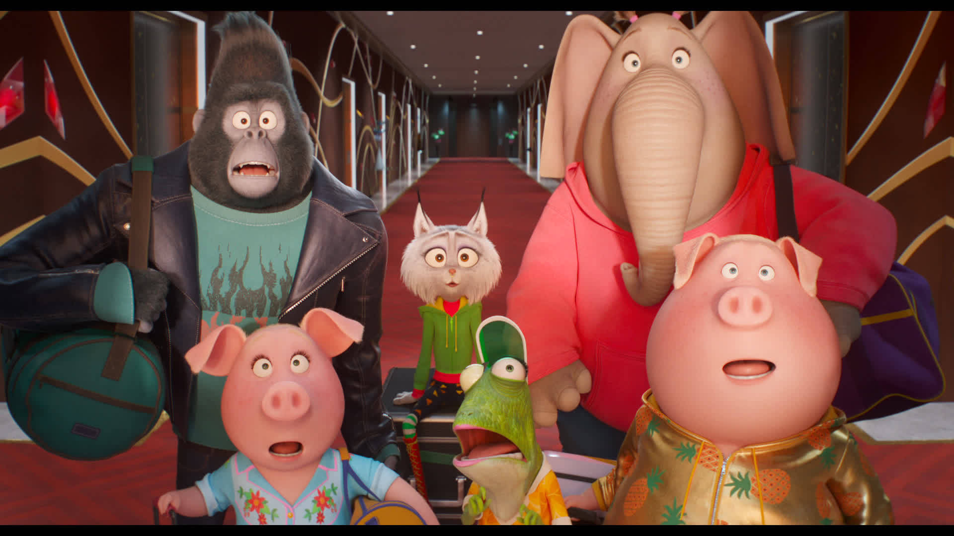 Sing 2, surprised expressions, hotel hallway, Full HD Desktop Wallpaper