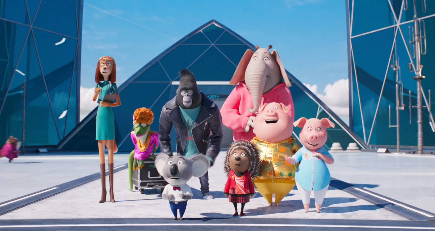 Sing 2, animated animal family, futuristic glass building, HD Desktop Wallpaper