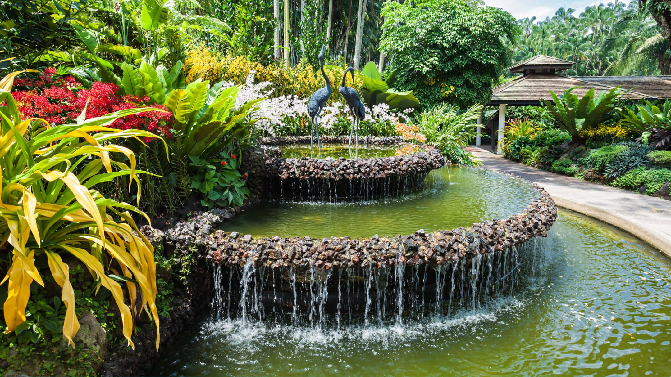 Singapore Botanic Gardens, fountain, tiered stone fountain, Full HD Desktop Wallpaper