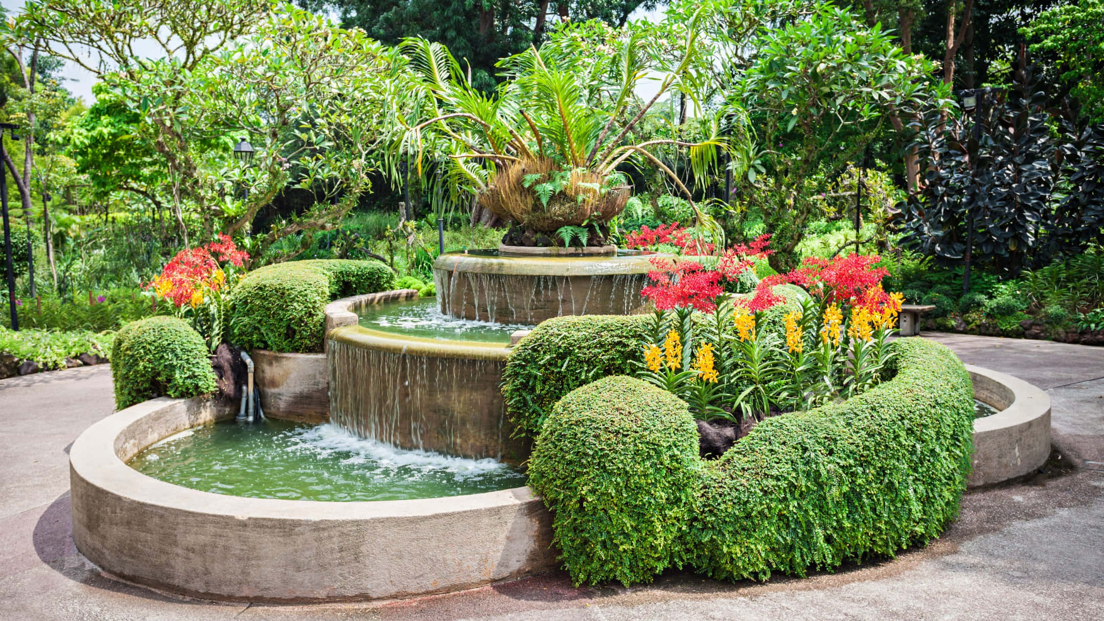 Singapore Botanic Gardens, fountain, stone fountain, Full HD Desktop Wallpaper