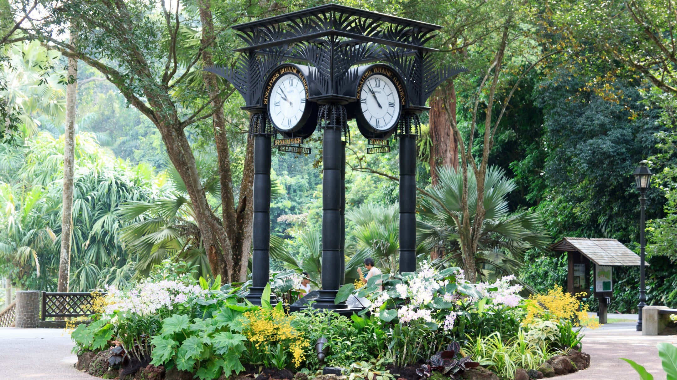 ornate garden clock, Singapore Botanic Gardens, black clock tower, Full HD Desktop Wallpaper