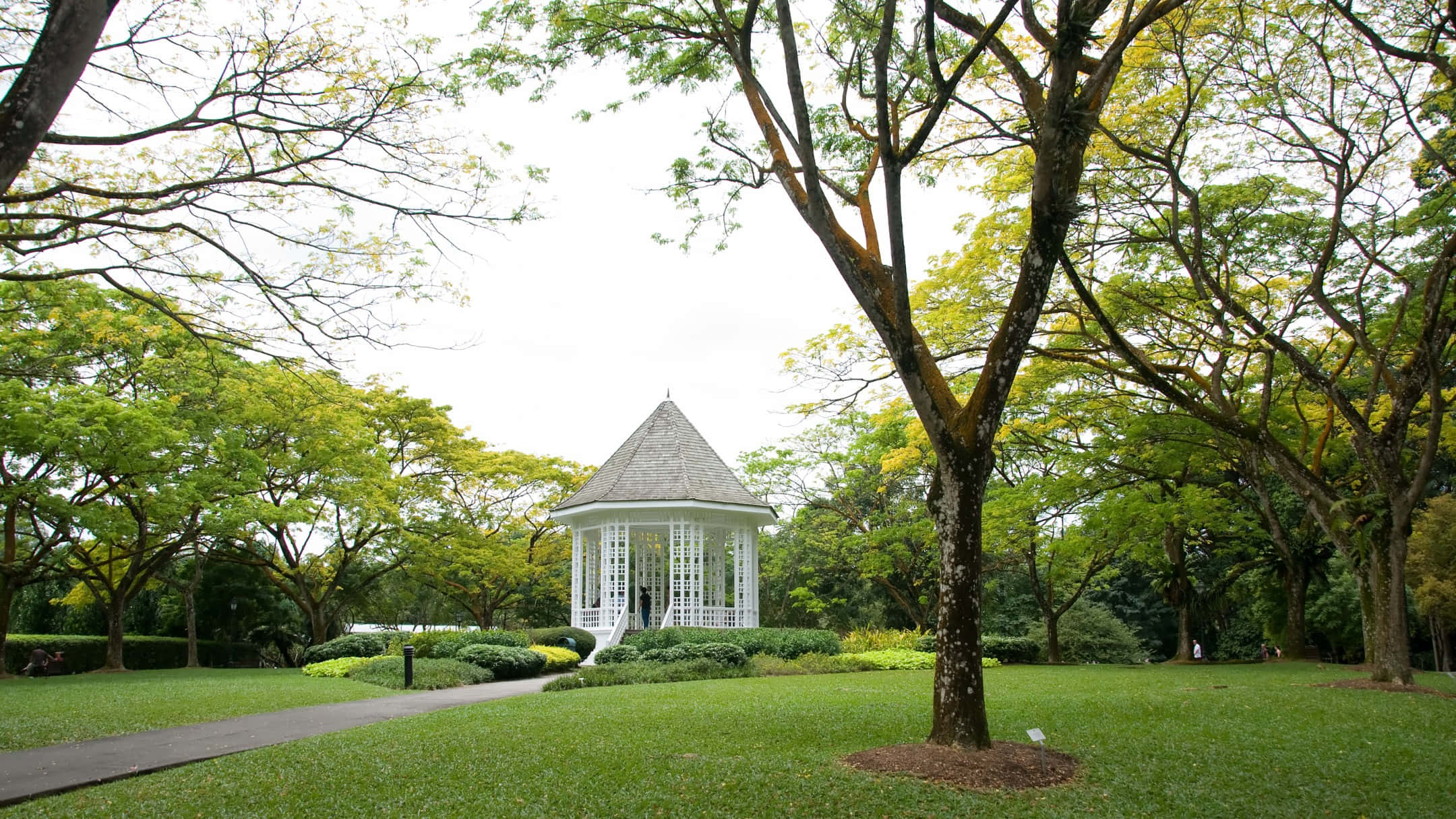 Singapore Botanic Gardens, bandstand pavilion, white octagonal gazebo, Full HD Desktop Wallpaper