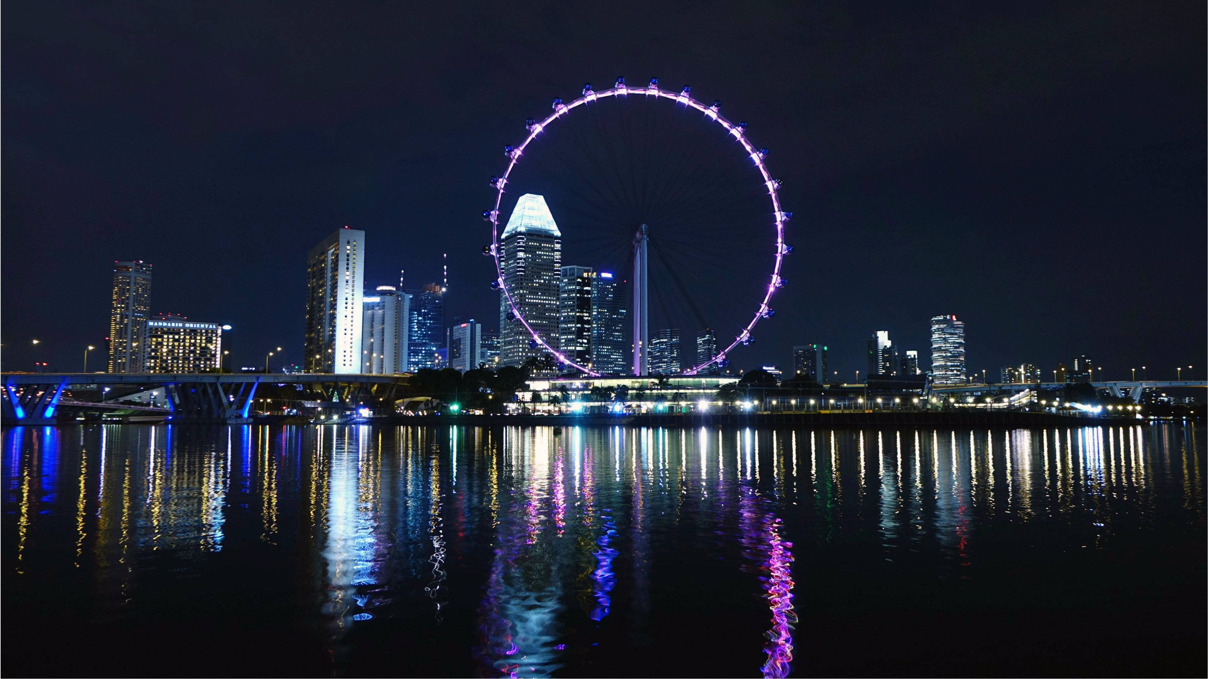 Singapore Flyer, Singapore skyline, glowing purple, 4K Desktop Wallpaper
