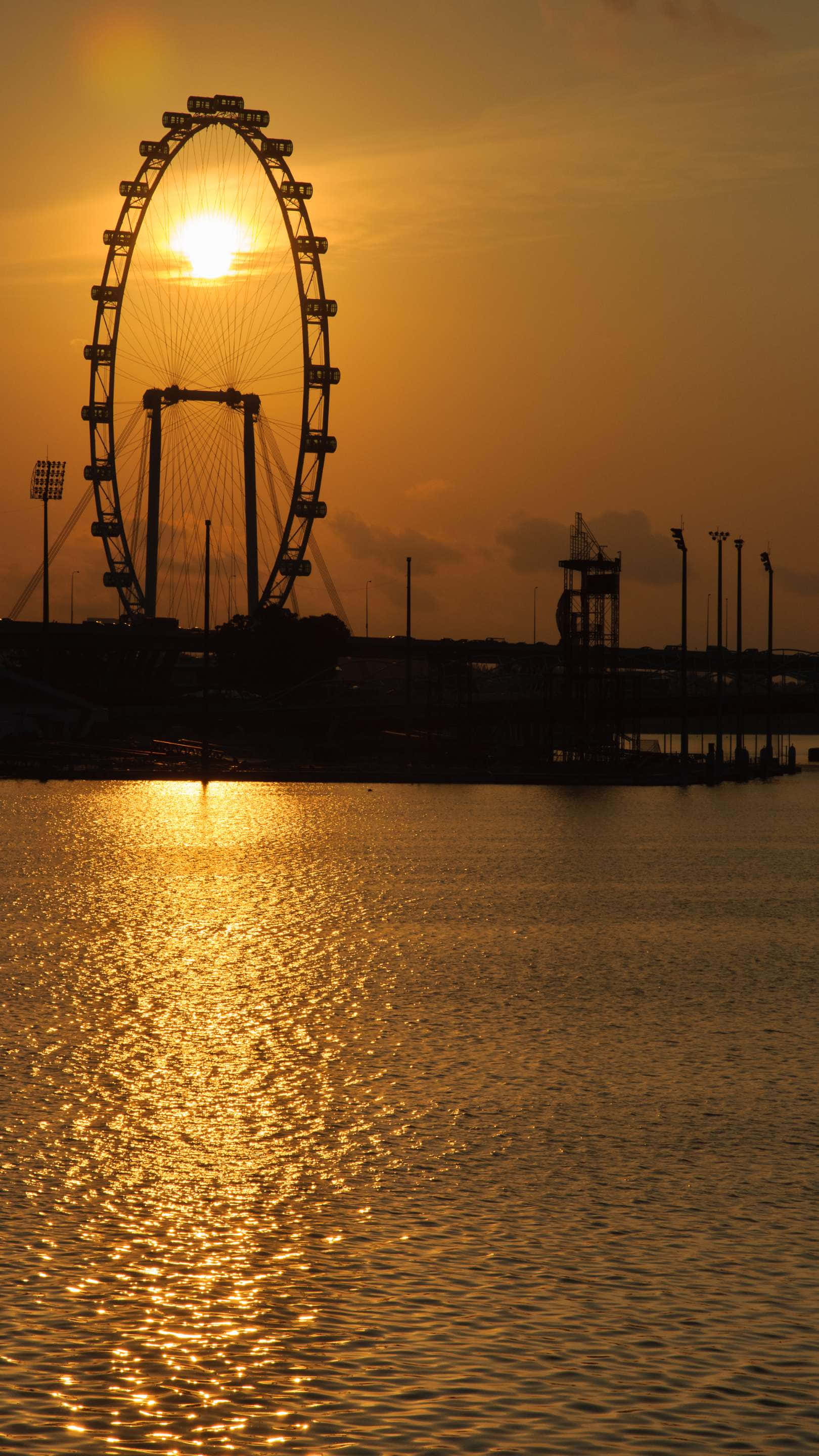 Singapore Flyer, sunset, golden sky, 2K Phone Wallpaper