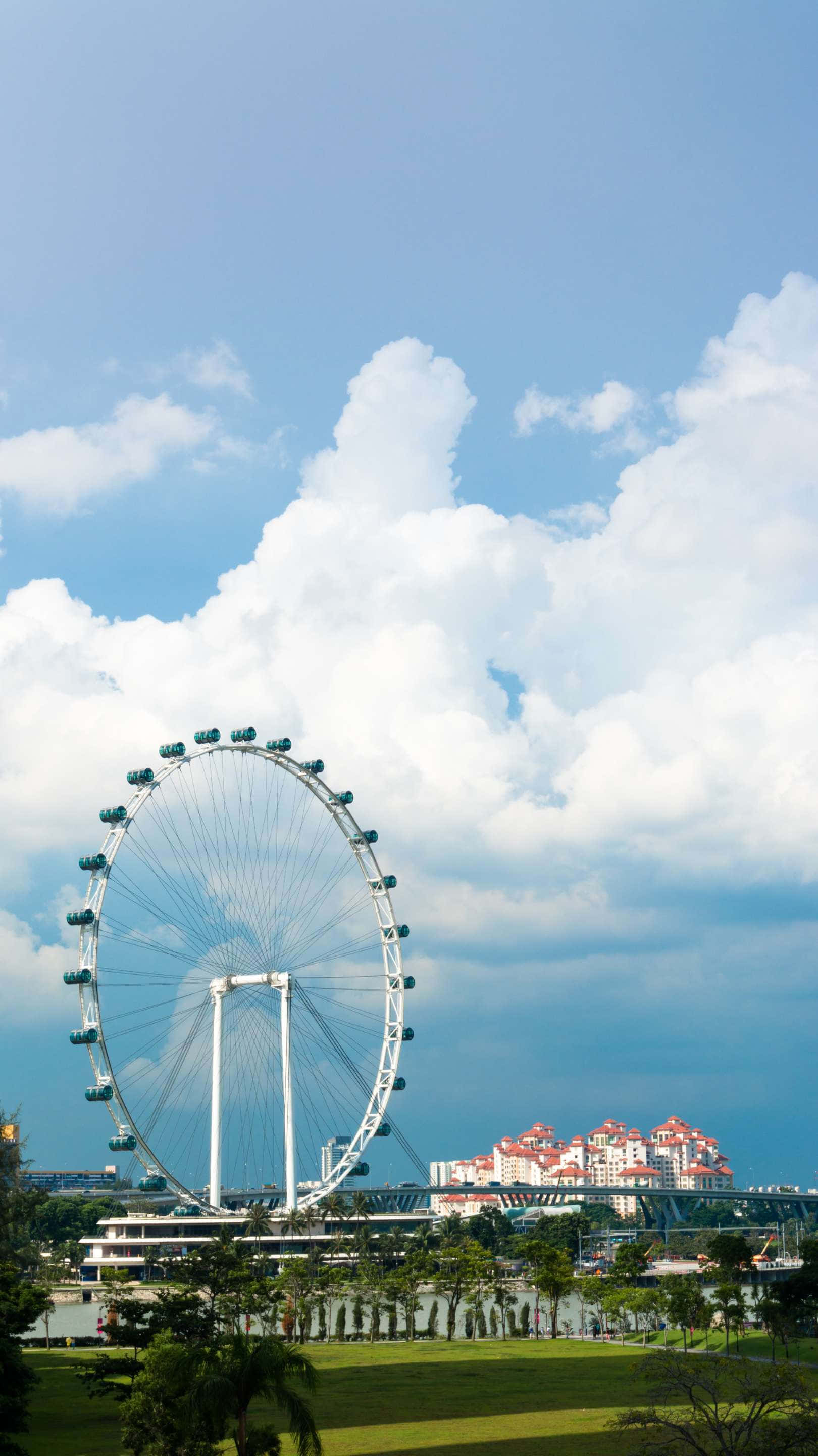 Singapore Flyer, white Ferris wheel, bright blue sky, 2K Phone Wallpaper
