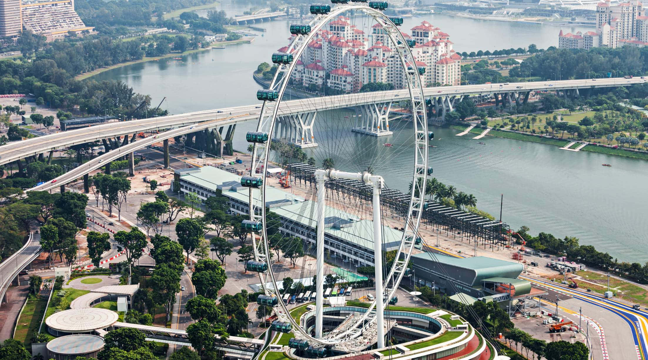 Singapore Flyer, river bridge, lush green park, Full HD Desktop Wallpaper