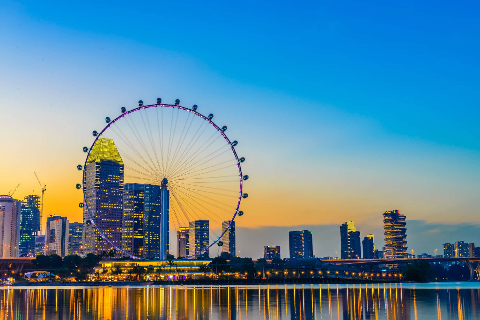 Singapore Flyer, Singapore skyline, dusk, Full HD Desktop Wallpaper