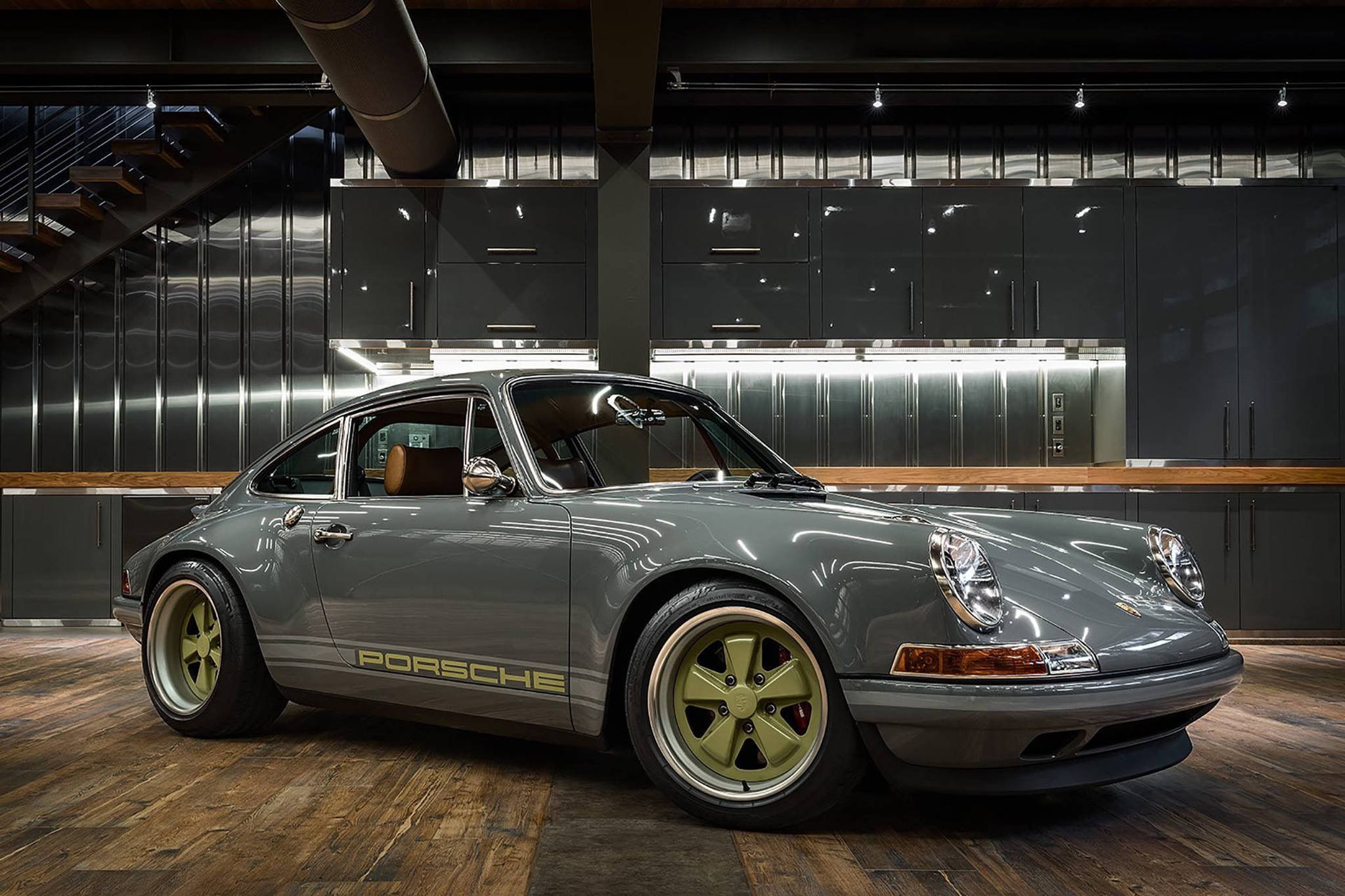 Singer Porsche, glossy gray, gold wheels, Full HD Desktop Wallpaper