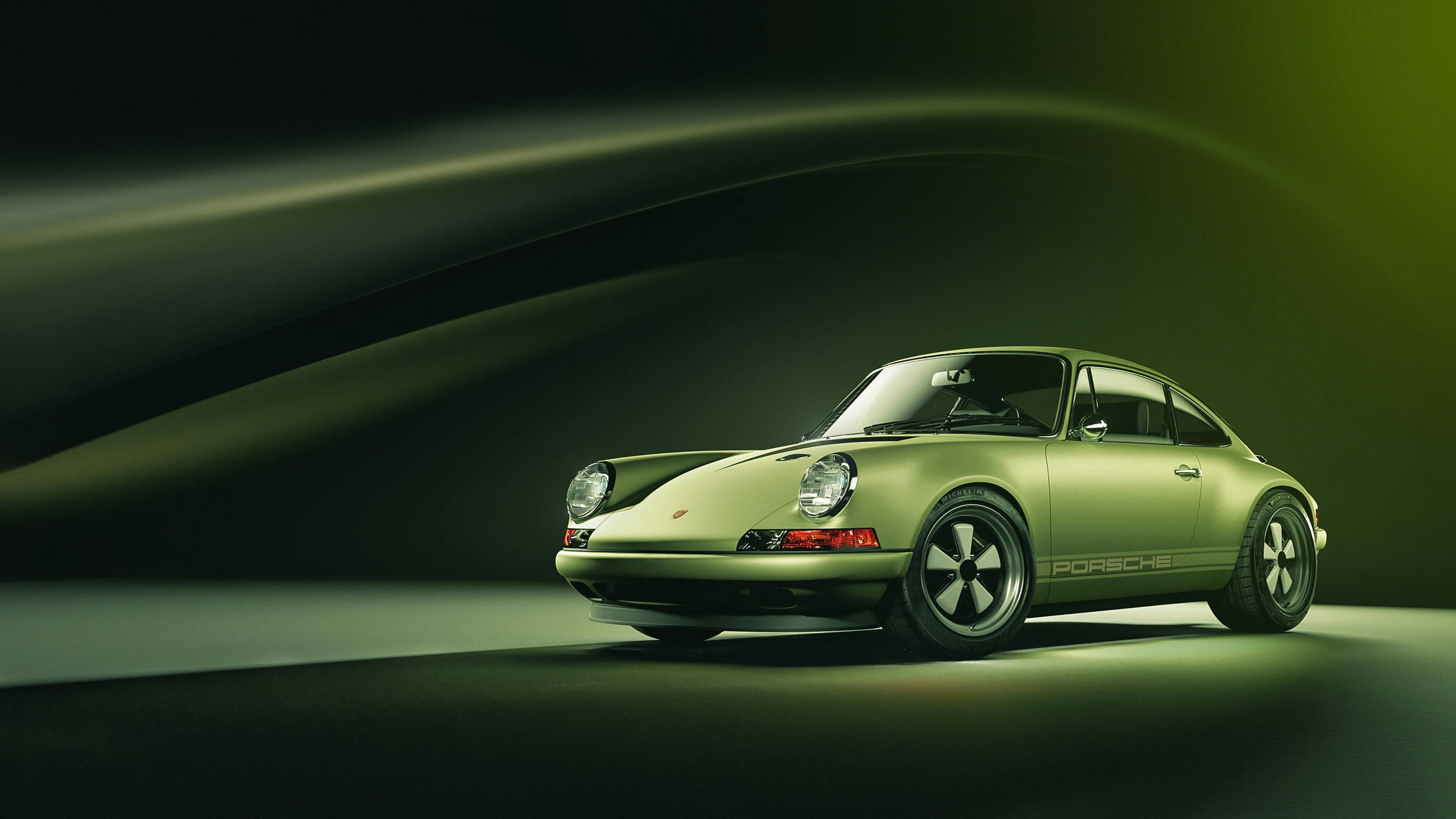 Singer Porsche, Porsche 911, vintage green, 2K Desktop Wallpaper