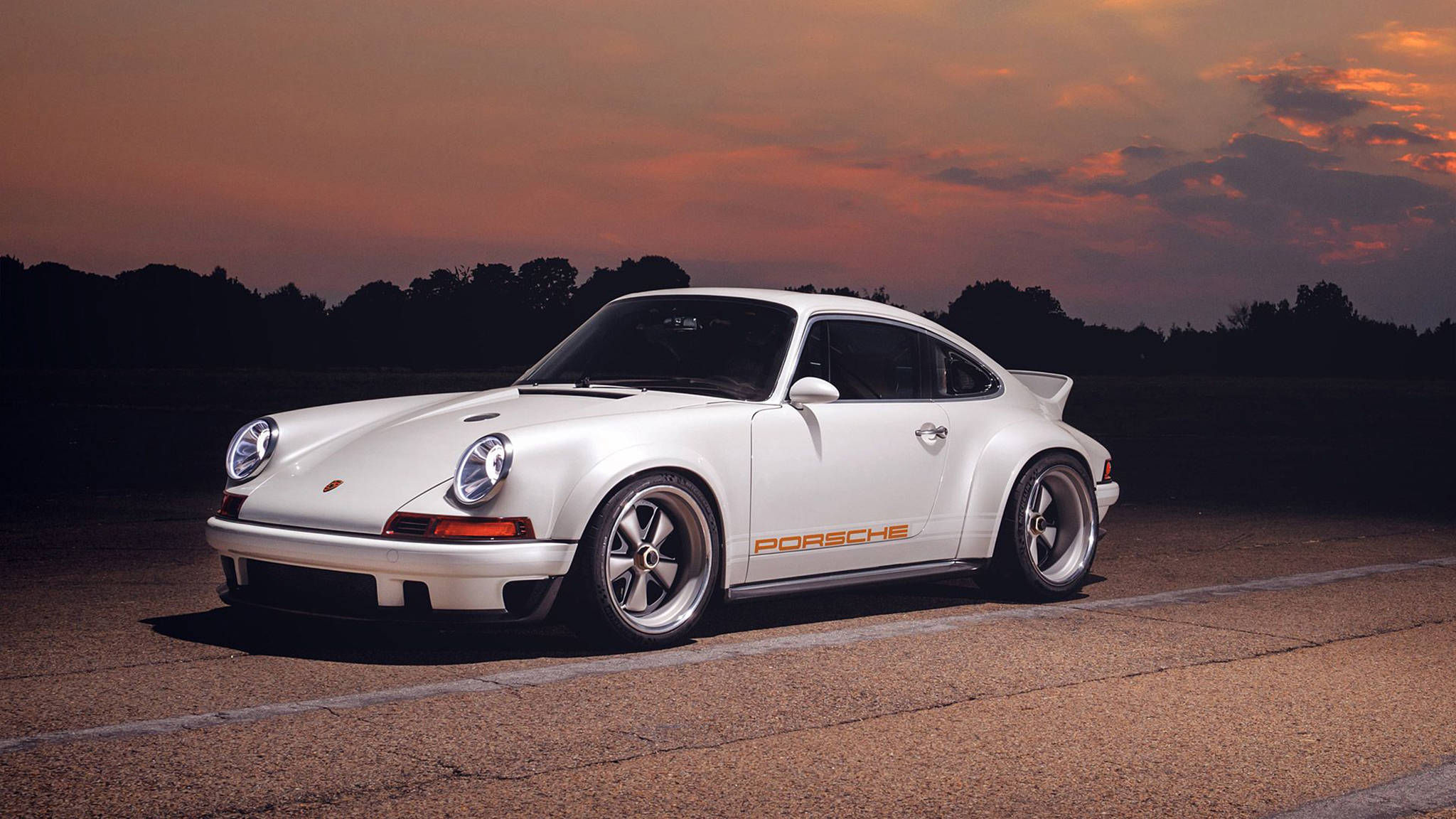 White Singer Porsche, Porsche 911, fiery sunset sky, Full HD Desktop Wallpaper