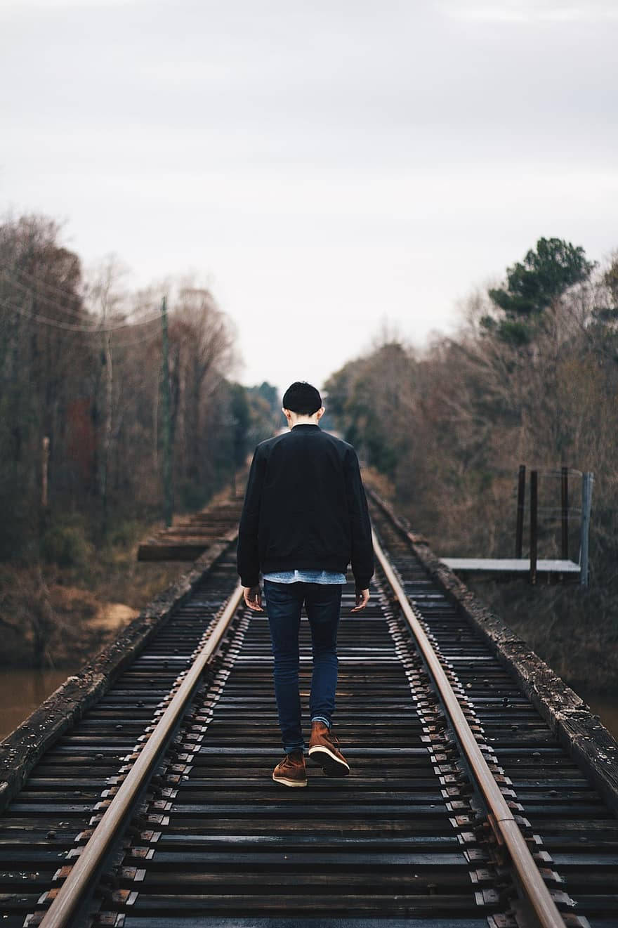 Single Boy, railway, muted forest, HD Phone Wallpaper