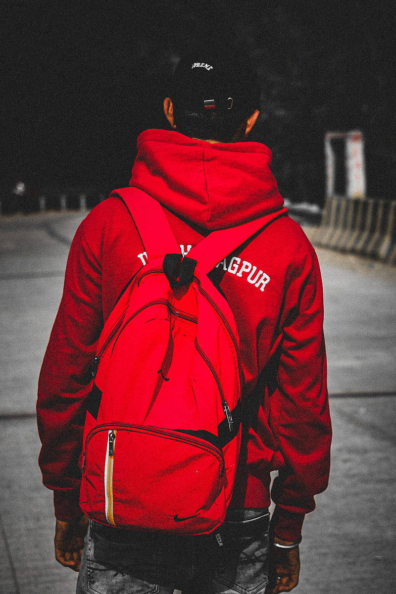 Single Boy, red hoodie, matching backpack, SD Phone Wallpaper