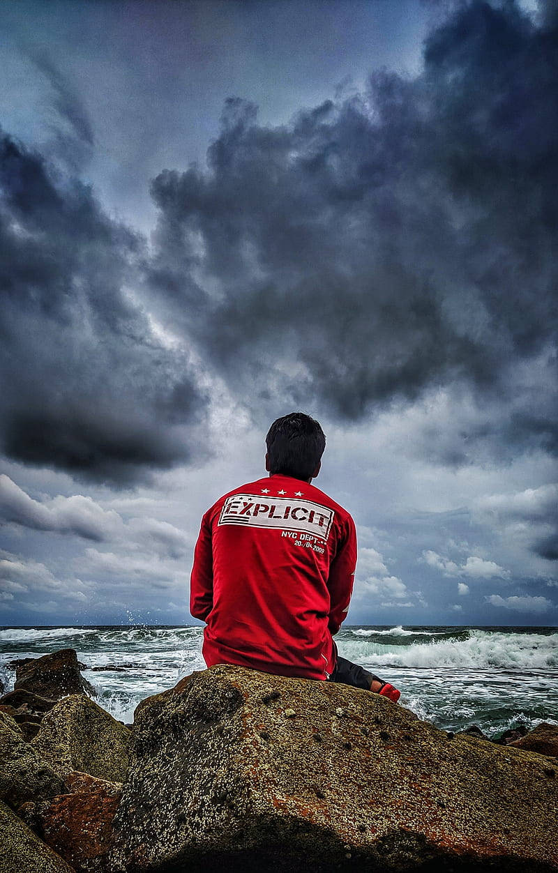 Single Boy, red shirt, rocky shore, SD Phone Wallpaper