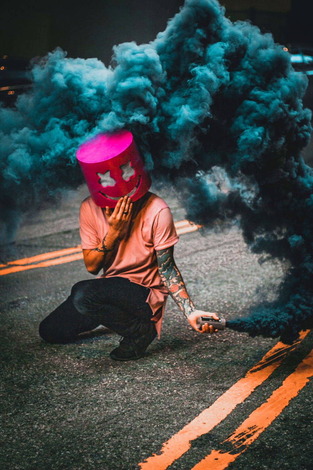 pink smiley-face bucket helmet, teal smoke, handheld device, HD Phone Wallpaper