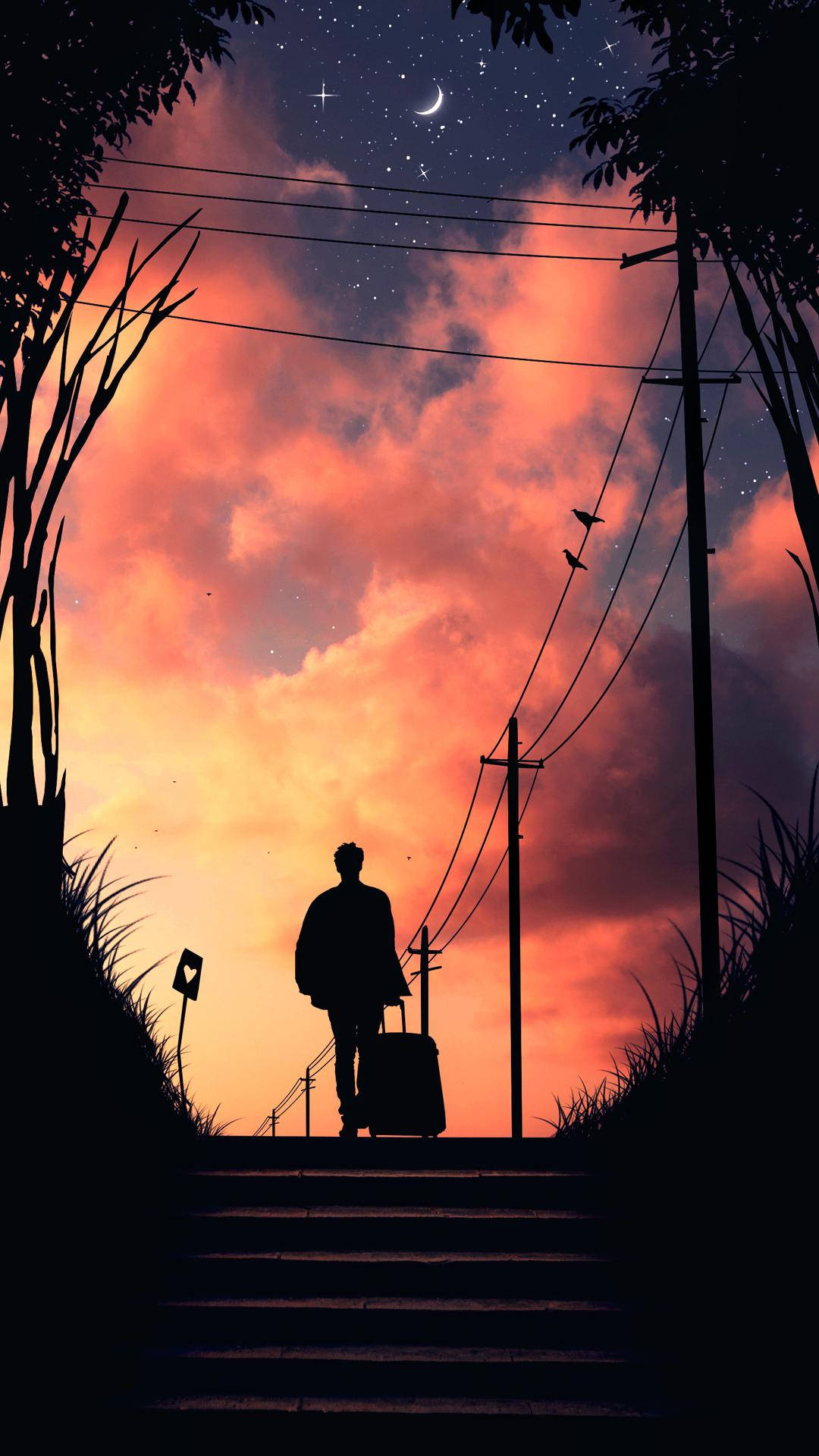 Alone Boy Anime, suitcase, stone steps, Full HD Phone Wallpaper