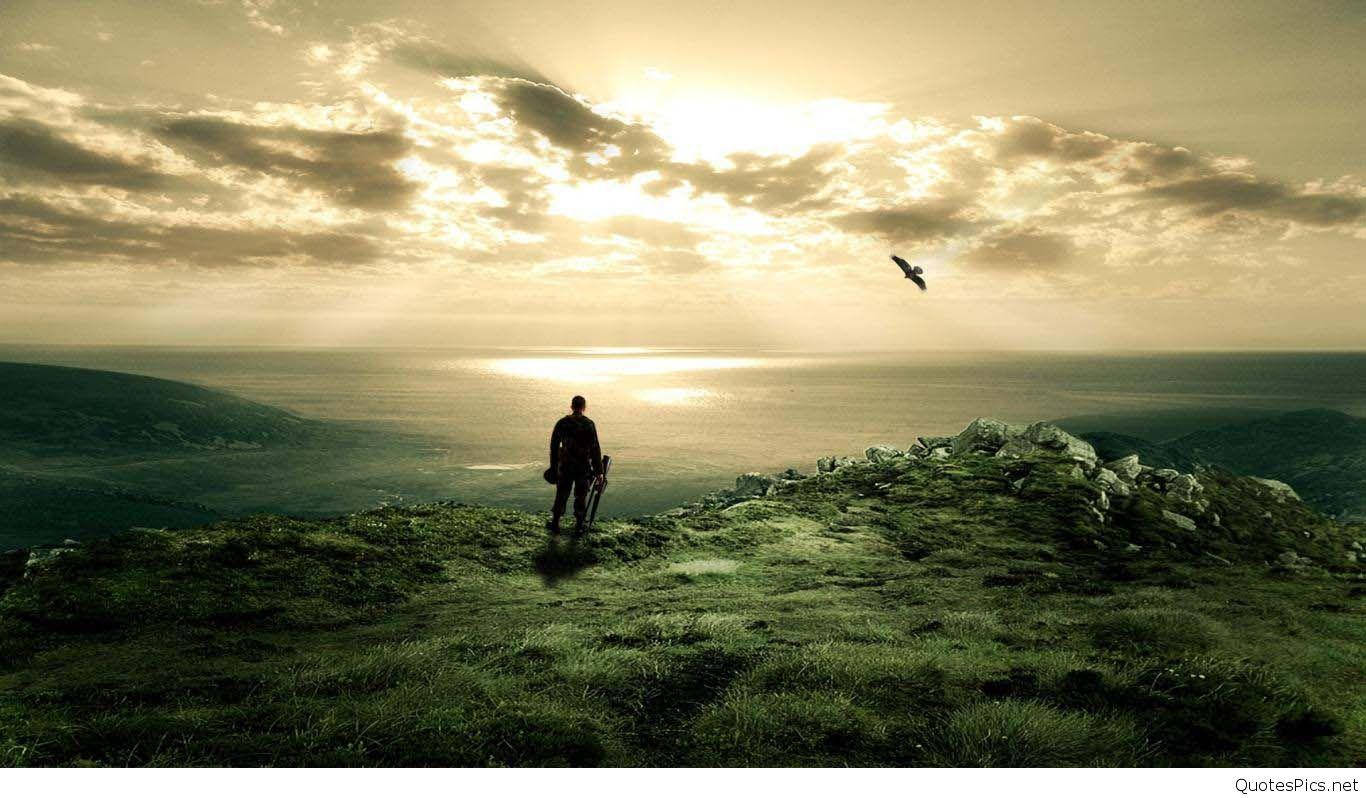 alone boy, grassy cliff, sunset, HD Desktop Wallpaper