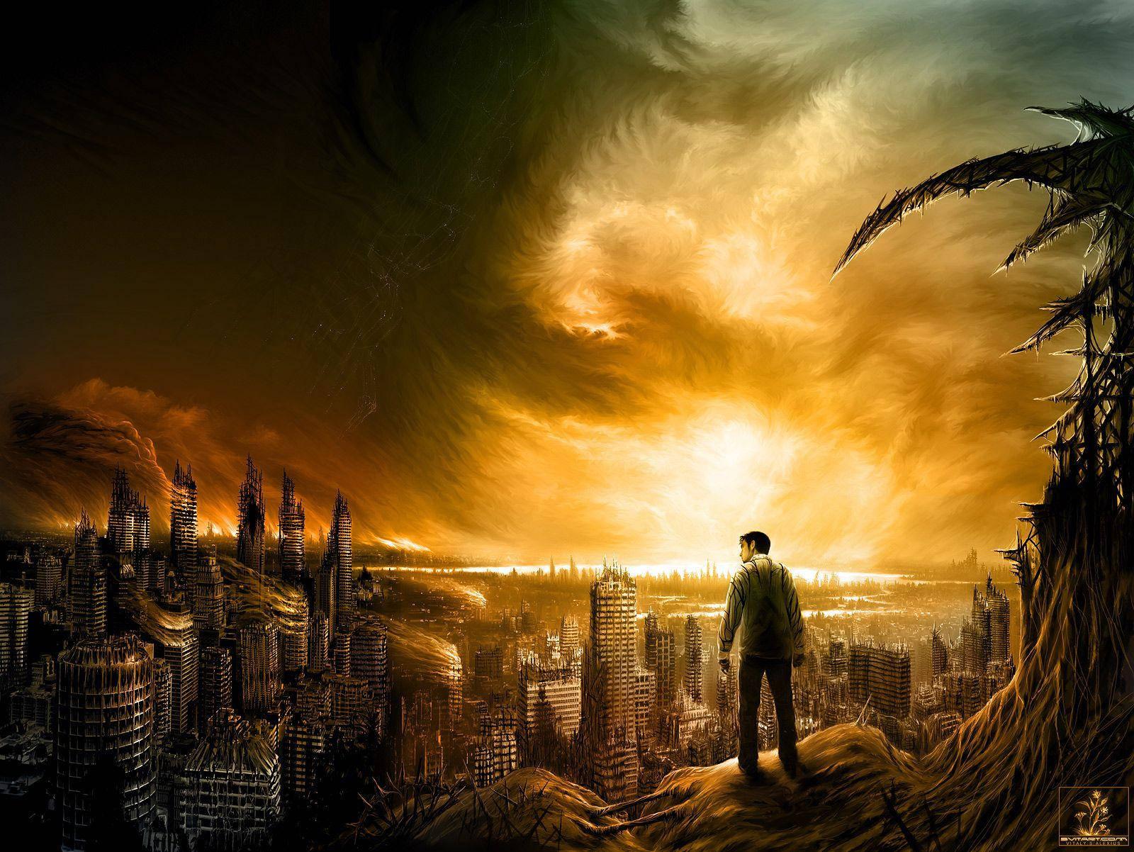 alone boy, barren cliff, sprawling futuristic city, HD Desktop Wallpaper