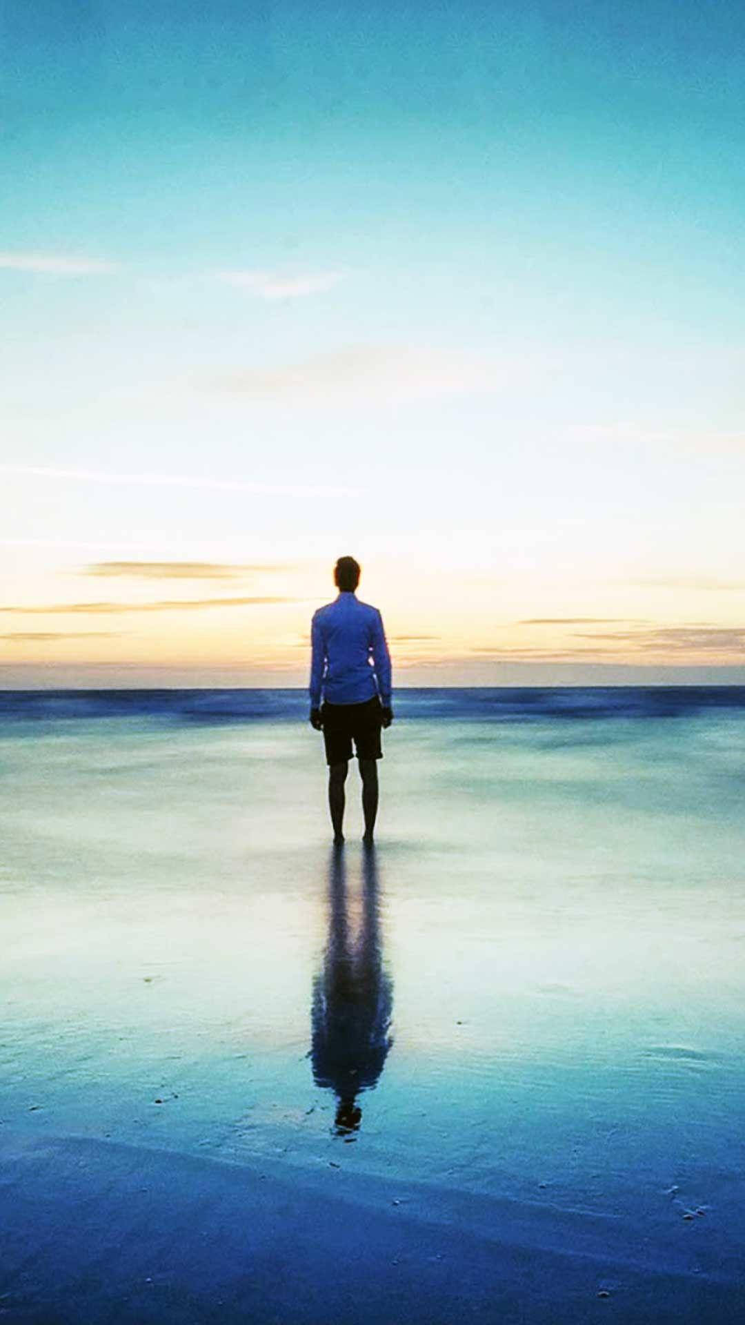 alone boy, sunset, shallow water, Full HD Phone Wallpaper