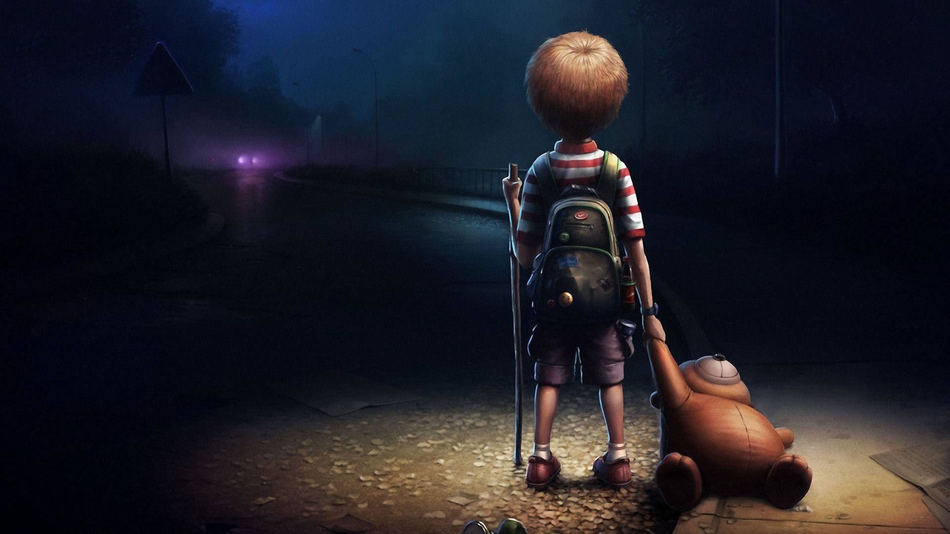 lonely boy, child, backpack, Full HD Desktop Wallpaper
