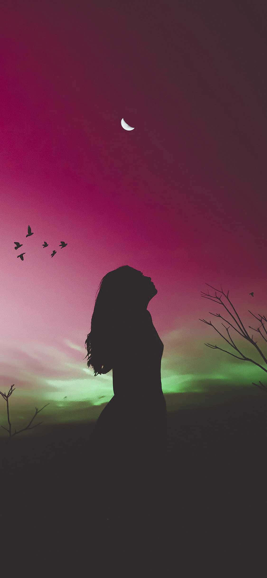 single woman, crescent moon, vibrant magenta and green twilight sky, Full HD Phone Wallpaper