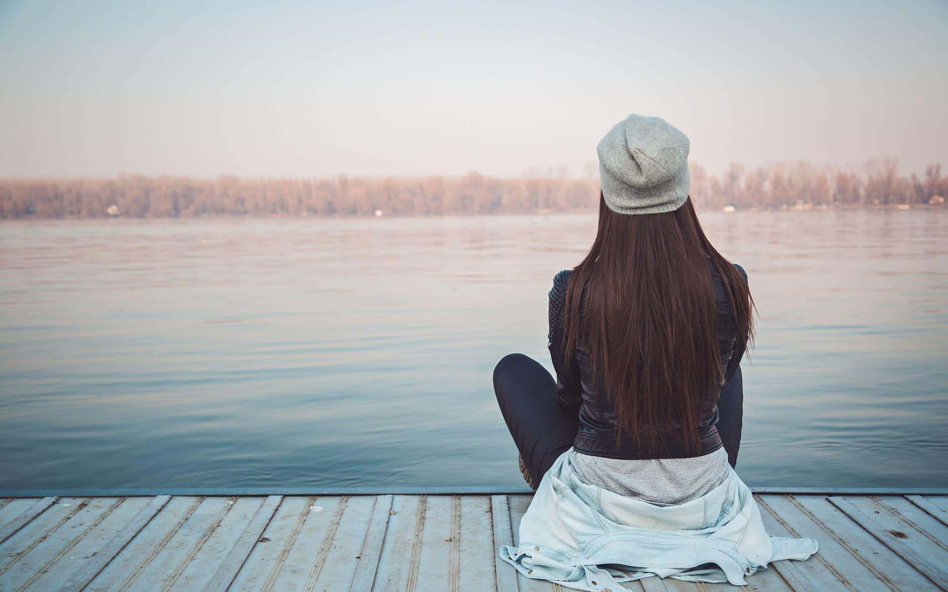 single woman, wooden dock, calm lake, Full HD Desktop Wallpaper