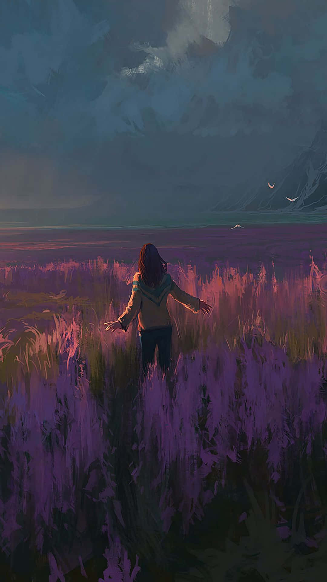 Single Woman, purple flowers, twilight sky, Full HD Phone Wallpaper