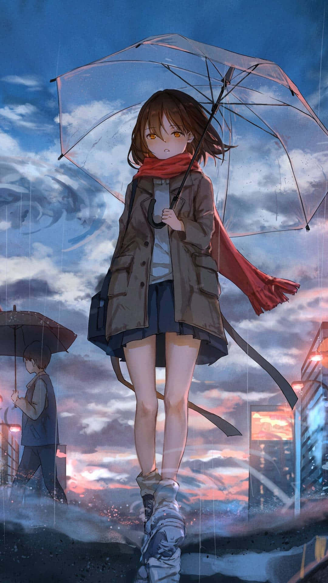 anime girl, amber eyes, clear umbrella, Full HD Phone Wallpaper