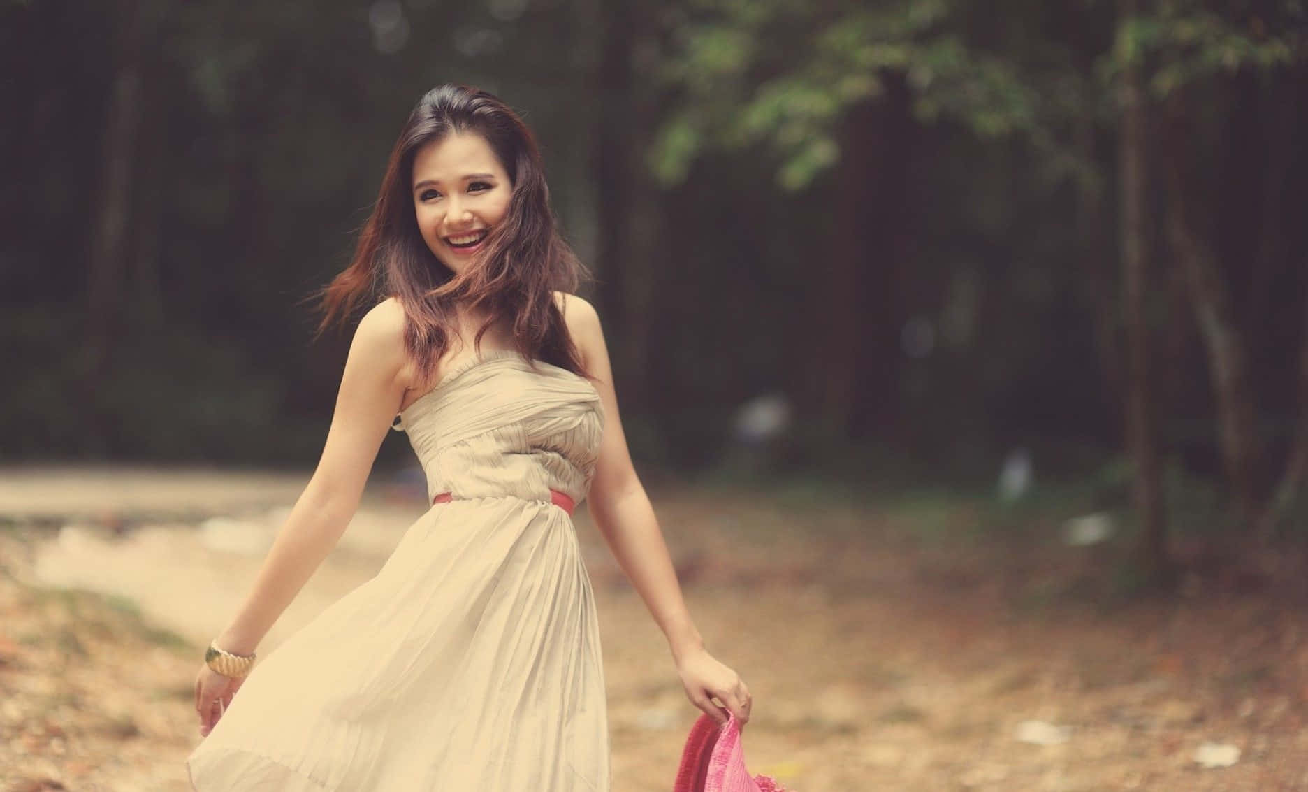 beige dress, sun-dappled forest path, joyful woman, HD Desktop Wallpaper