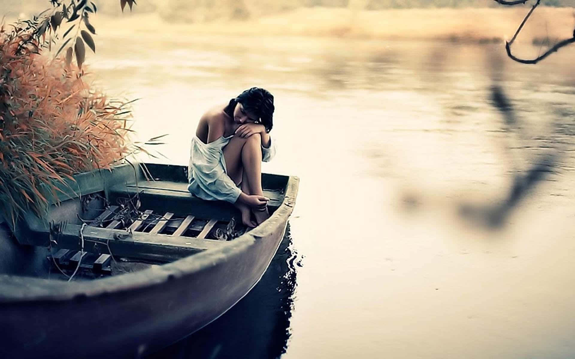 single woman, wooden boat, calm water, Full HD Desktop Wallpaper
