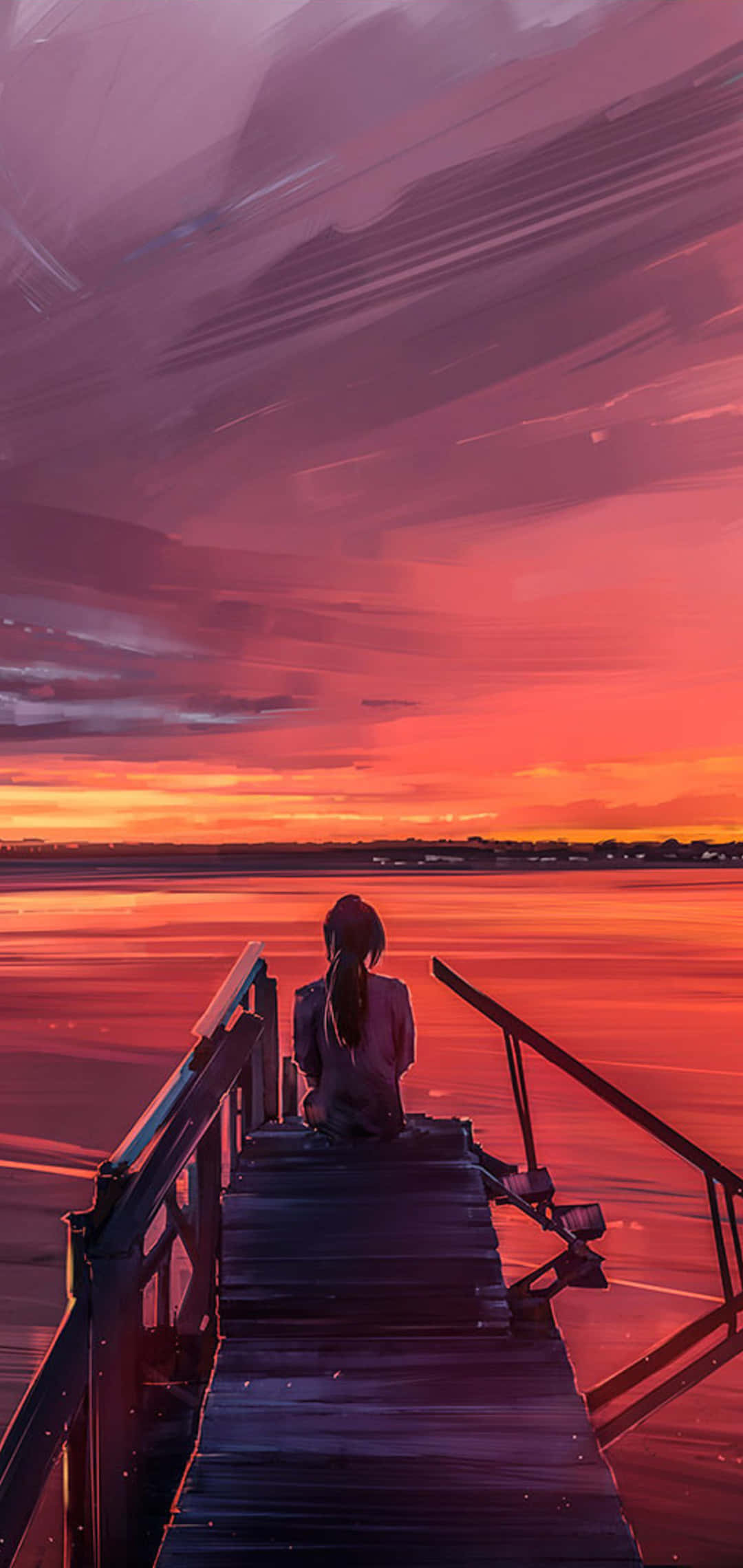 single woman, wooden pier, fiery sunset, Full HD Phone Wallpaper