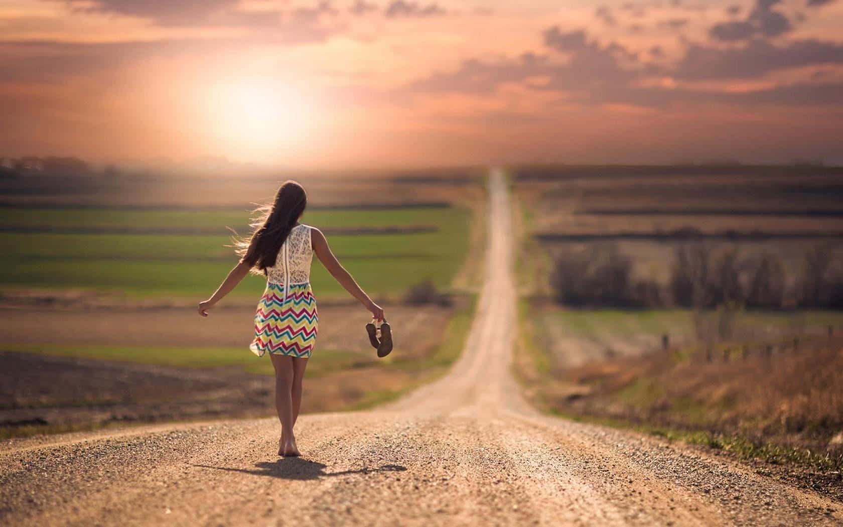 Single Woman, empty road, colorful dress, HD Desktop Wallpaper