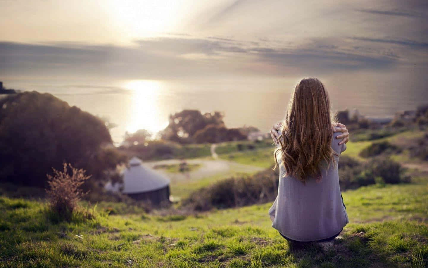 Single Woman, grassy hill, sunlit ocean, HD Desktop Wallpaper