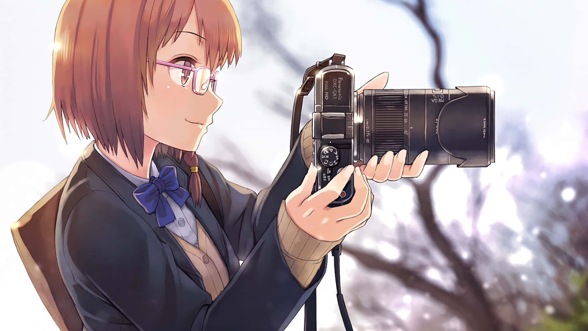 Anime girl, glasses, blue bow, Full HD Desktop Wallpaper