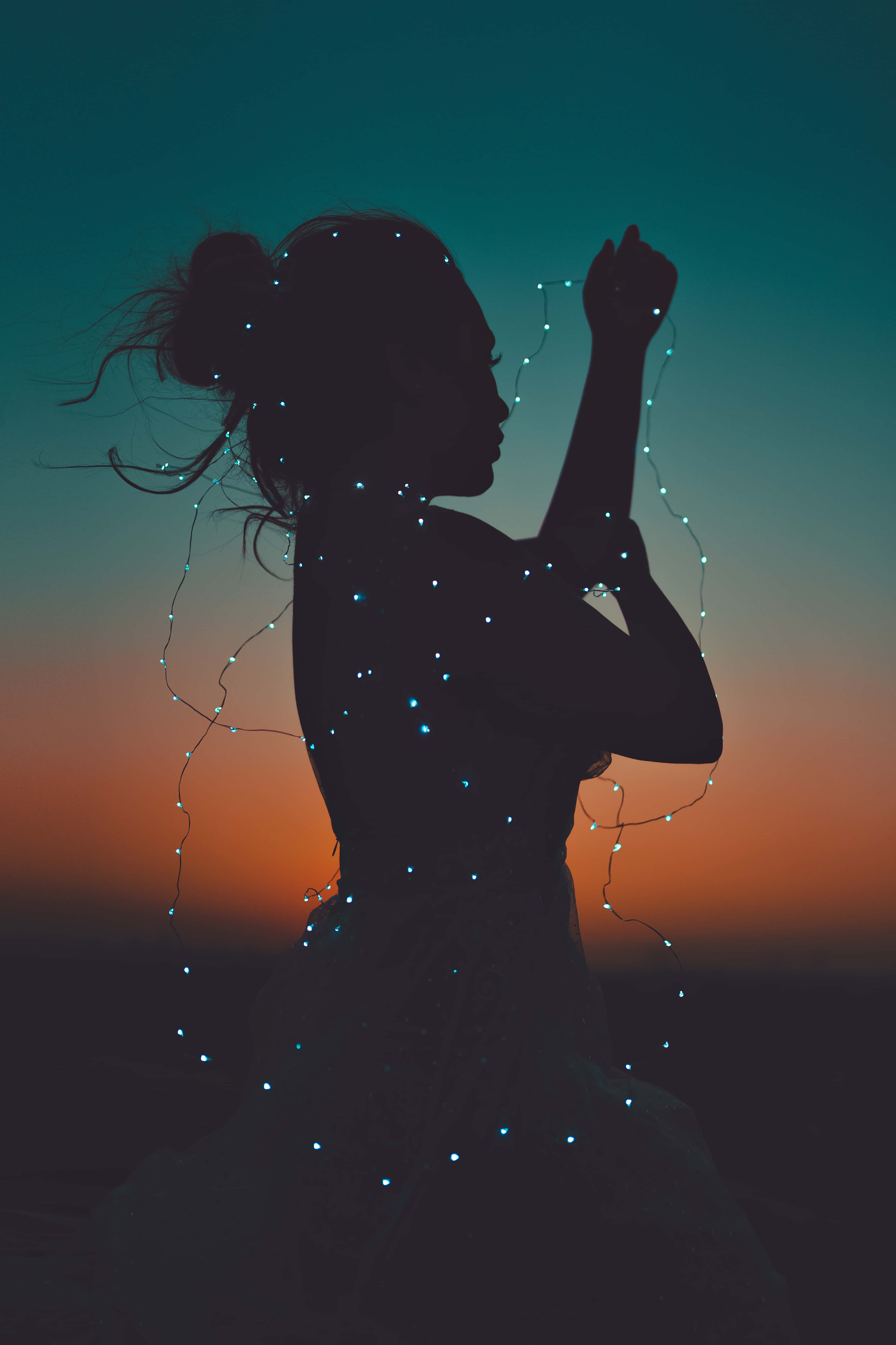 single woman, fairy lights, twilight sky, 5K Phone Wallpaper