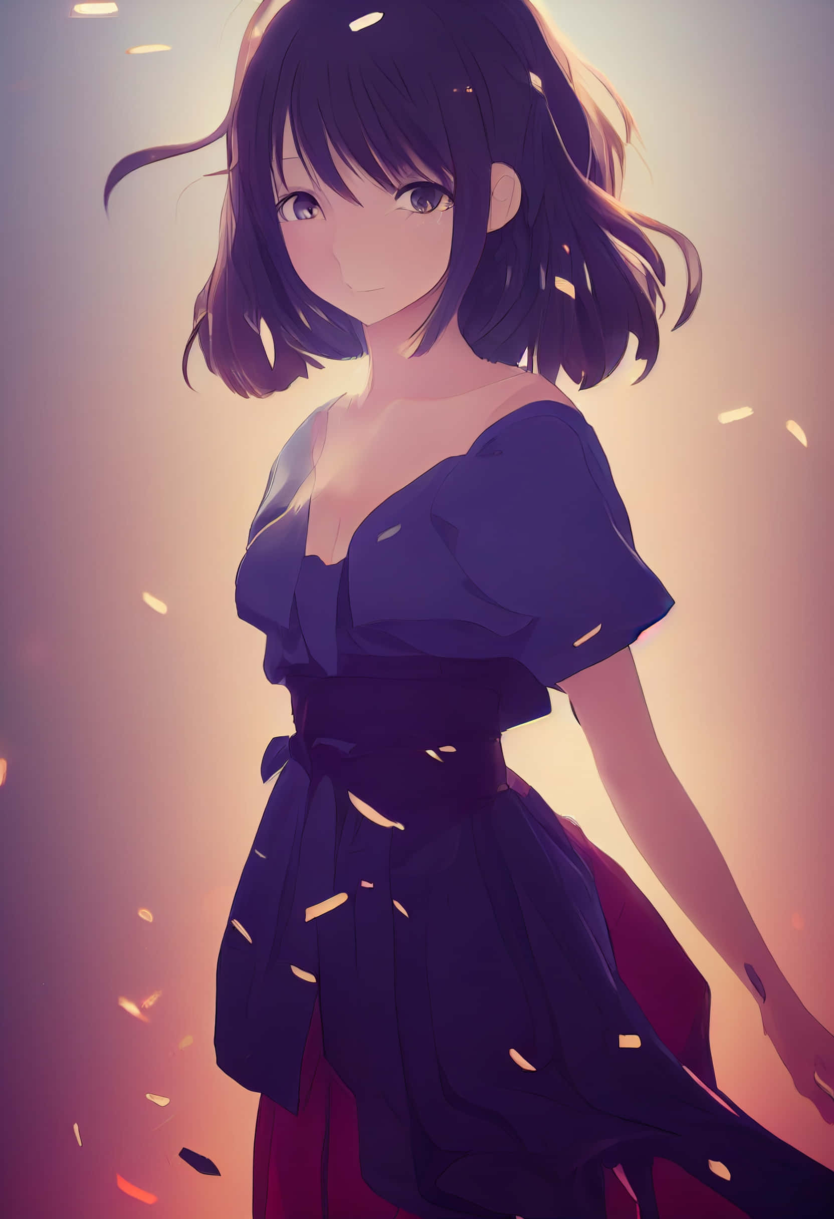 anime girl, dark hair, purple dress, Full HD Phone Wallpaper