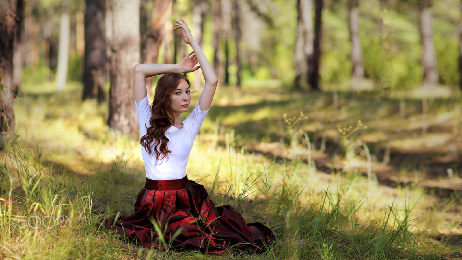 single woman, white top, red skirt, HD Desktop Wallpaper